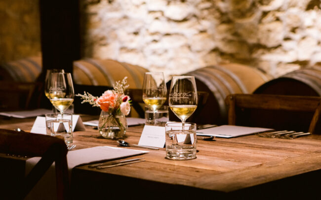 Table set for three in the barrel room
